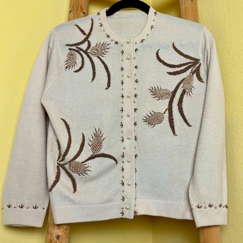 Vintage 50s Beaded Wool Cardigan Pearl Buttons Size Small